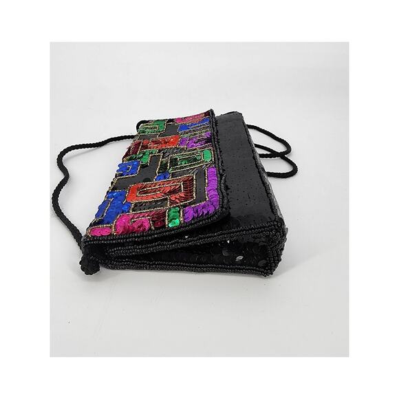 Geometric Sequin Crossbody Shoulder Bag Black with Multicolor Flap - Picture 7 of 13